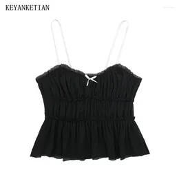 Women's Tanks KEYANKETIAN 2024 Launch Bow Decoration Strap Vest Summer Sweet Spaghetti Texture Corset Stretch Camisole Top