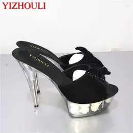 Slippers Shining 15CM Super High Heel Shoes 6 Inch Platform Sandal With Rhinestone Suede Rose Floral