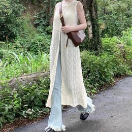 Women's Knits Hollow Vest Two-wear Knitted Slit Dress Early Autumn Layered Holiday Long Blouse Sweater Skirt