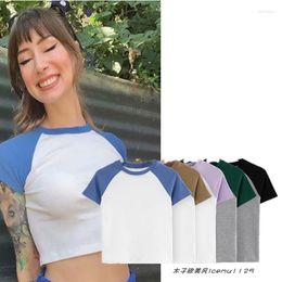 Women's T Shirts Fashion Ins Minimalist Contrast Color Raglan Slim Fit Looking High Waist Short Crop Top All-Matching T-shirt With Sleeves