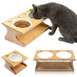 Supplies Elevated Tilted Pets Bowls with Wooden Stand Pet Feeder for Pet Cats Dogs Pets 1/2Bowls Elevated Tilted Wooden Stand Durable