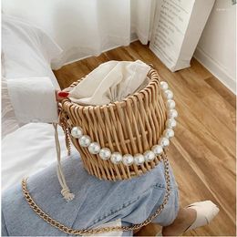 Shoulder Bags Pearl Handle Summer Chain Straw Crossbody For Women 2024 Small Rattan Weave Travel Beach Bucket Bag Female Handbag