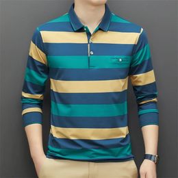 Mens Casual Stripe Plaid Long Sleeve Polo Shirt Fashion Solid Top y240420