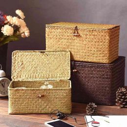 Baskets Seaweed Woven Storage Basket Handmade Storage Box with Lid Sundries Cosmetic Organiser Rectangular Closet Organiser