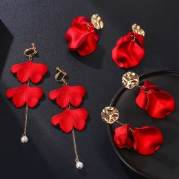 Earrings New Design Fashion Statement Red Flower Petal Clip on Earrings for Women 2020 New Hot Party Earring for Women Jewellery
