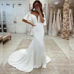 Low Back Simple Satin Mermaid Wedding Dresses Flutter Sleeves Wedding Dress Bridal Gown With Train