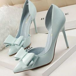 Dress Shoes Women 7.5cm 10cm High Heels Korean Pumps Scarpins Cute Bow Middle Low Lady Fetish Sweet Wedding Bridal Yellow Blue H240423