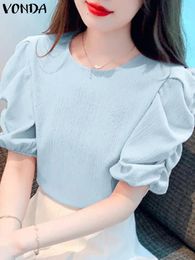Women's Blouses VONDA Short Puff Sleeve Tunic Blouse 2024 Fashion Women Vintage Shirts Elegant O Neck Solid Color Summer Top Casual Loose