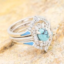 Wedding Rings Huitan Imitation Turquoise Bohemia Style Band Accessories Luxury Cubic Zirconia Ring Aesthetic Blue Enamel Jewellery
