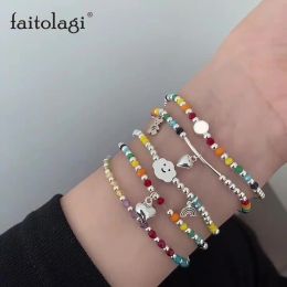 Bangle Y2K Rainbow Beaded Bracelets for Women Korean Heart Bear Pendant Couple Bracelets Handmade Colourful Beads Bracelet Party Jewellery