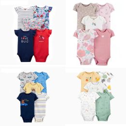 One-Pieces Baby Girl Summer Clothes Newborn Boy Cartoon Print Oneck Short Sleeve Rompoer Babies Costume Unisex 2022 New Born 5pcs Set