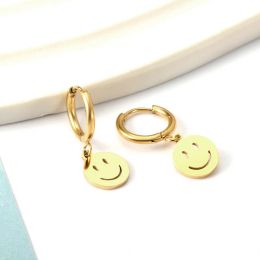 Earrings LUXUSTEEL Gold Plated Silver Colour Round Hollow Smile Face Hoops Earrings For Women Gilrs Happy Pendant Drop Earring