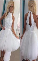 White Sexy Tulle Short Mini Homecoming Dresses 2021 Halter Beaded Crystals Top Hollow Back A Line Short Cocktail Gowns Custom Made1918133