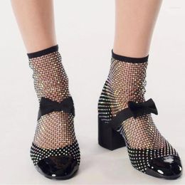 Boots Big Size 46 Diamonds Fishnet Women Summer Short Low Chunky Heels Bow Mesh Sock Ankle Booties Square Toe Sandals Shoes