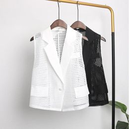 Women's Vests Summer Thin Vest Women Fashion Sleeveless Cardigan Coat Hollow Out Tops Office Lady Black White Waistcoat Short Vestes