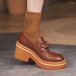 Boots Socks Women Shoes Winter 2024 British Style Square Heels Platform Genuine Leather Brown Short Boot Botines Mujer