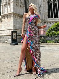 Casual Dresses Women 2024 Strapless Colourful Feather Mesh Sequins Tail Maxi Dress Elegant Runway Evening Club Party