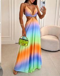 Casual Dresses Sexy Elegant Women Colourful Crisscross Backless Maxi Dress Fashion 2024 Summer Female Clothing Outfits