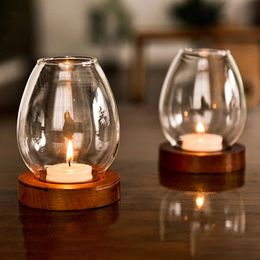Transparent Round Glass Candlestick Retro Home Windproof Candle Holders Cup Cover Table Decor Ornament Wedding Party Accessories 240410