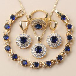 Necklaces African 18K Gold Plated Bridal Costume Necklace And Earrings Blue Cubic Zirconia Jewellery Sets For Women Luxury Wedding