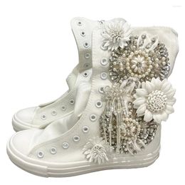 Casual Shoes White Sneakers High Top Soft Comfortable 5CM Inner Height Luxury Pearls Flower Customize Big Size Women Canvas