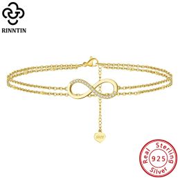 Strands Rinntin 925 Sterling Silver Unique Layered Infinity&Satellite Anklets for Women 14K Gold Foot Bracelet Ankle Straps Jewellery SA16
