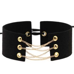 Necklaces 30 Colours New Glamorous Black Velvet Choker Gold/Silver Colour Chain Sexy Statement Necklace Link Chain Lace Up Chokers Necklaces