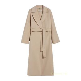 Women's Coat Cashmere Coat Luxury Coat Maxmaras Womens Autumn And Winter Pure Wool Lapel With Waistband And Beige Robe Style Coat