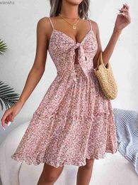 Basic Casual Dresses Women Summer Casual Floral Print Ruffles Chiffon A Line Dress Beach Style Clothing 2023L2404