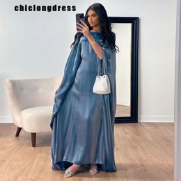 Spring Summer Elegant Satin Robe Abaya Dress Muslim Women Fashion Luxury Round Neck Bat Sleeves Loose Robe Party Dress Women 240419