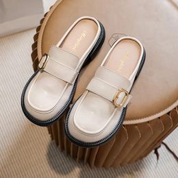 Slippers The Summer 2024 Low-heeled Half-toe Fashion House Designed Casual Black Round Head Women's Muller Leather Shoes