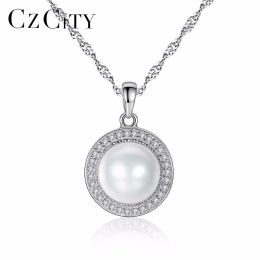 Necklaces CZCITY 99.5mm Flawless Real Silver 925 Freshwater Pearl Necklaces Natural Pearl Round Pendant Fine Jewelry Wedding Bridal Gift