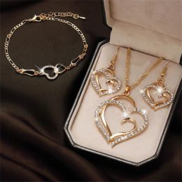 Strands Luxury Fashion Double Heart Necklace Earrings Bracelet Set Charm Ladies Wedding Party Jewellery Set for Women Bridal Accessory Set