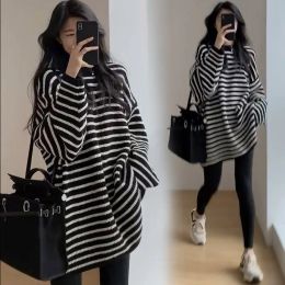 Dresses 2022 New Fashion Horizontal Striped Knitted Maternity Dress Autumn and Winter Simple Loose Maternity Sweater Maternity Clothes