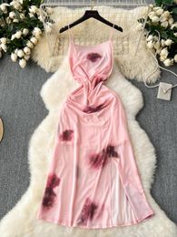 Casual Dresses Foamlina Elegant Mesh Dress Summer Fashion Women Tie Dye Print Sleeveless Spaghetti Strap Split A Line Long Beach Holiday