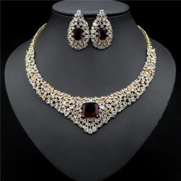 Necklaces 2020 Wedding Jewellery Clear CZ Crystal Necklace Earrings set for Women Wedding Red Bride Dubai Jewellery sets