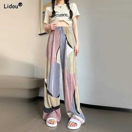 Women's Jeans Womens Clothing Fashion Casual Korean Elastic Waist Loose Printing Straight Pleated Comfortable Spring Summer Wide Leg Pants Y240422