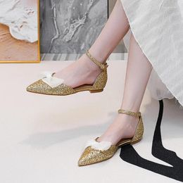 Casual Shoes 2024 Spring Glitter Big Butterfly Leisure Simple Back Strap Women's Pointed Hollow Sandals Silk White Flat Bottom Shallow