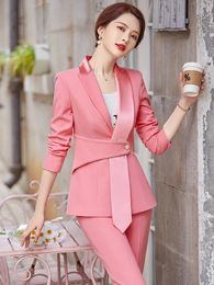 Women Elegant Pant Suit High Quality Office Ladies Black Green Blue Pink Trousers Female Formal Work Business 2 Piece Set S-5XL 240415