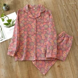 Women's Sleepwear Spring/Summer Pyjama Set Cotton Fragmented Flower Long Sleeved Pants Two Piece Buckle Home Fury Ladies