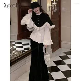 Work Dresses Xgoth Girl Skirt Set Loose Casual Tweed Cape Patchwork White Shirt Tops Korean Style Black Fishtail Skirts Three Piece Sets