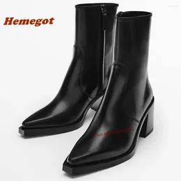 Boots Pointy Toe Chunky Heels Ankle Black Glossy Side Zipper British Style Genuine Leather Est Short Booty Casual Shoes Sexy