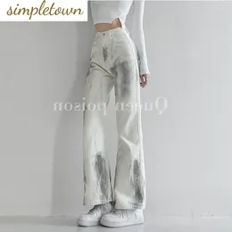 Women's Jeans Spring/Summer High Waist Loose Fit American Retro White Tie Dye Speckled Ink Straight Leg Wide Denim Pants Trend