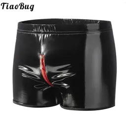 Underpants Mens Glossy Patent Leather Latex Boxer Shorts Openable Crotch Underwear Elastic Waist Zipper Button Fancy Nightwear