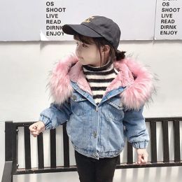 Coats Baby girl clothing autumn and winter plus velvet padded jacket baby jacket hooded fur collar jacket girl fashion denim jacket