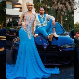 Luxury Blue Satin Mermaid Prom Dress For Black Girls 2024 Silver Crystals Rhinestone Beaded Formal Party Gala Gowns