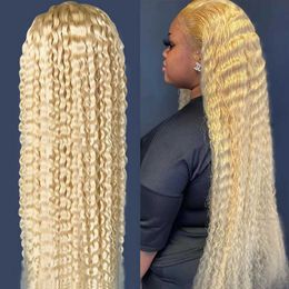 250% 40 Inch 613 Honey Blonde Deep Wave Brazilian Full 13x4 Lace Frontal Wigs Transparent Synthetic Front Prep