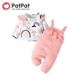 Sets PatPat Newborn Baby Girl Clothes 100% Cotton New Born Babies Items Overalls and Allover Rabbit Rainbow Print Tee Set