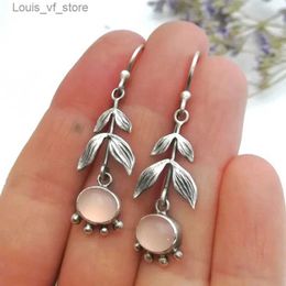 Dangle Chandelier Trendy Oval Pink Zircon Hook Earrings for Women Exquisite Silver Colour Metal Carving Branches Leaves Jewellery H240423