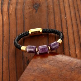 Strands 2021 New Cylindrical Natural Amethyst Energy Bracelet 316 Stainless Steel Single Lady Layer Leather Cord Bracelet Jewely